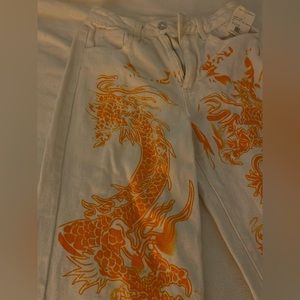 XS SHEIN White & Orange Dragon Printed Jeans